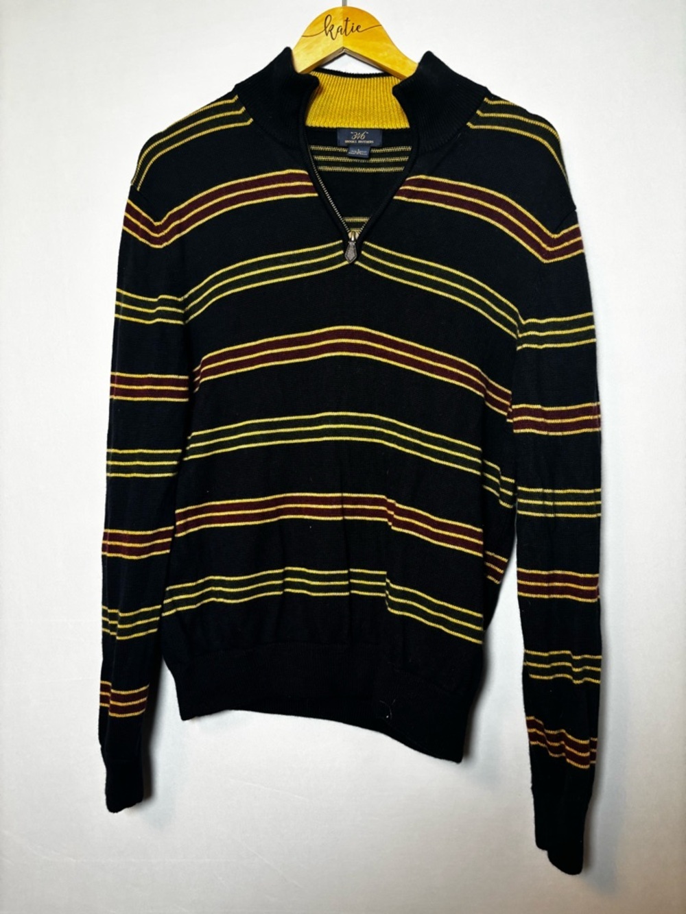 Brooks Brothers 346 Merino Wool Sweater Mens Deep Blue Striped Sz Large 1/4 Zip
